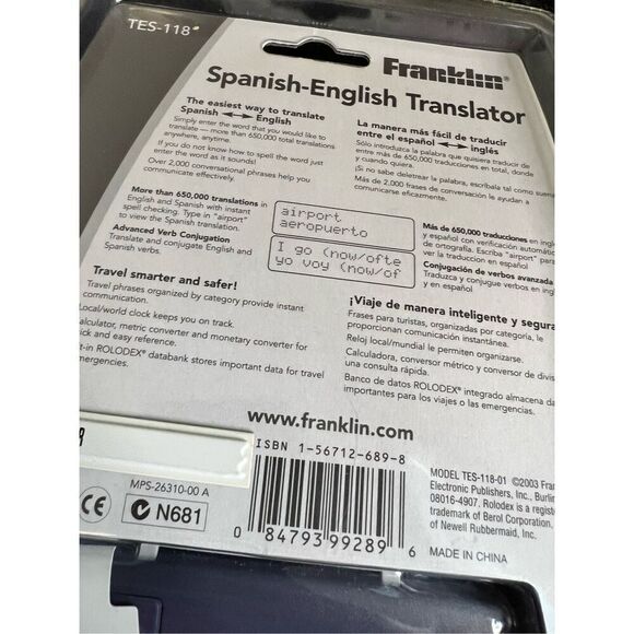 Franklin - Spanish - English Traveling Language Translator - Model: TES-118 - Picture 4 of 4